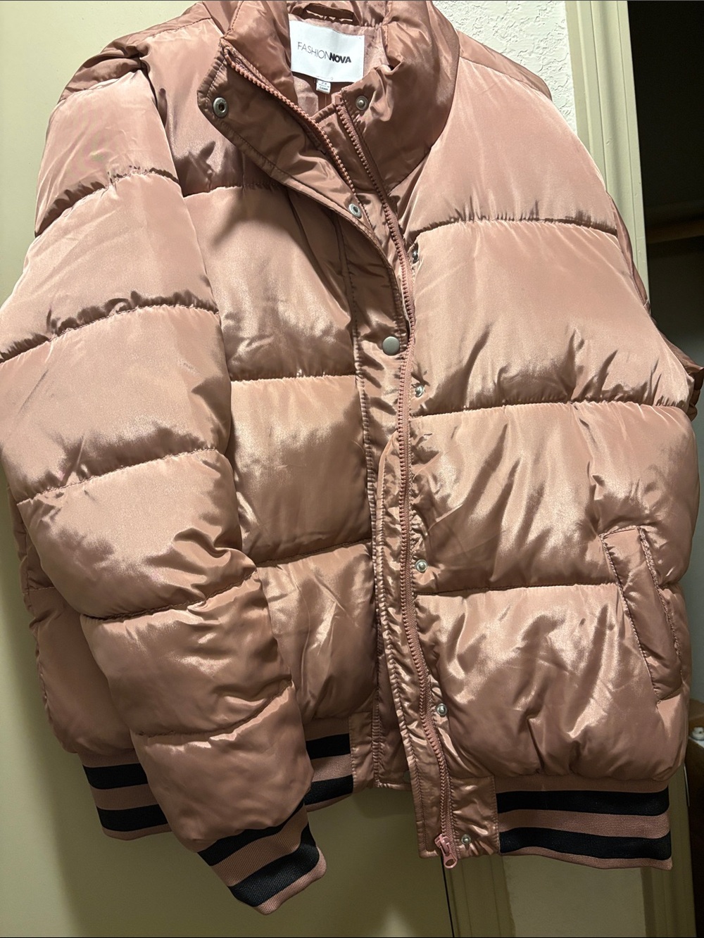 Fashion Nova Satin Rose Blush Puffer Jacket